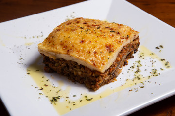 Musaka close-up side view.