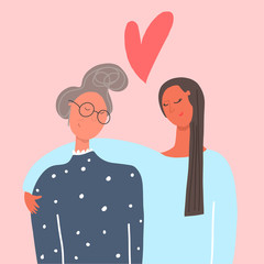 Mother and grown daughter. Family love. Vector illustration
