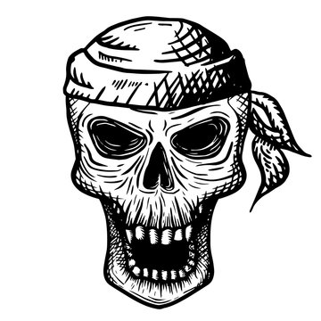 Hand drawn skull of a dead man in a bandana, on a white background. Vector illustration