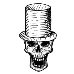 Hand-drawn skull of a dead man in a top hat, on a white background. Vector illustration