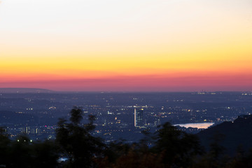 Skyline over the Rhine into a German low mountain range at sunset