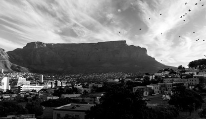 View from Bo-Kaap or Malay at sunny day with Table Mountain on background. Black and white filtered . Wallpaper concept.