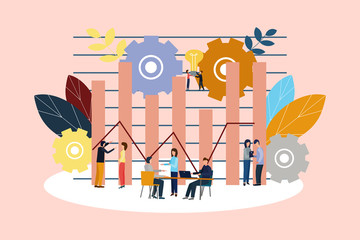 Vector illustration. Growth chart concepts, work of professional people teamwork