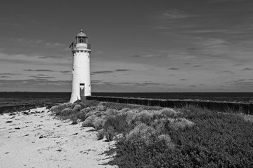 Port Fairy Lighthouse in black and white.