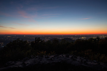 Skyline over the Rhine into a German low mountain range at sunset