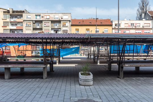 Empty Market Place After Coronavirus Or Covid-19 Pandemia In Novi Sad, Serbia City. 