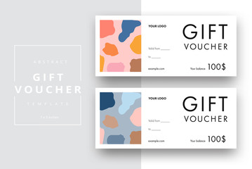 Abstract gift voucher card template. Modern discount coupon or certificate layout with geometric shape pattern. Vector fashion bright background design with information sample text. - obrazy, fototapety, plakaty