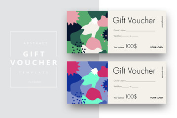 Abstract gift voucher card template. Modern discount coupon or certificate layout with geometric shape pattern. Vector fashion bright background design with information sample text.