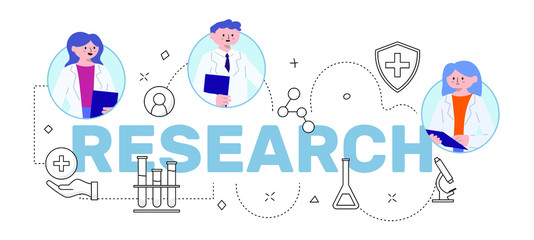 Fototapeta premium Vector Illustration Flat Style Medical Scientists Doing Research Analysis and Investigation Title Design lettering typography
