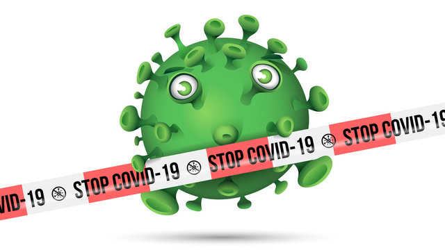 Grüner Virus hinter rot-weissem Absperrband mit der Aufschrift - Stop Covid-19
