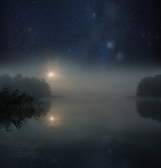 Nigh spooky landscape with foggy lake
