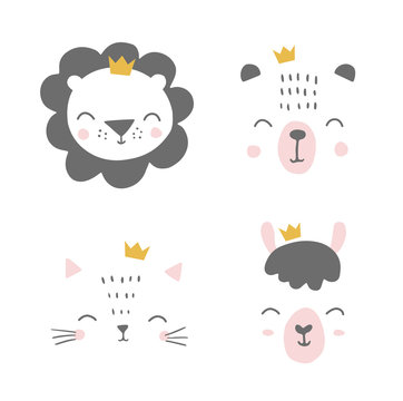Cute simple animal portraits with crowns - bunny, bear, cat, alpaca, llama, hare. Designs for baby clothes, posters, greeting card. Hand drawn characters. Vector illustration.