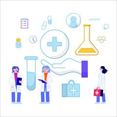 Vector Illustration Flat Style Medical Scientists Doing Research Analysis and Investigation