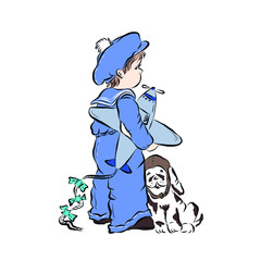 Naklejka premium Little pilot holds toy airplane standing next to dog. 