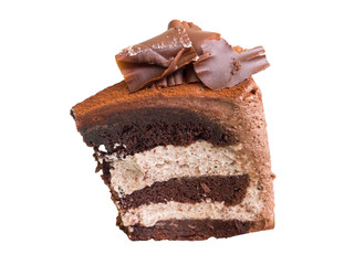 Chocolate cake slice isolated on white background with clipping path