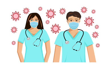 Vector image of a male and female doctor wearing a face mask surrounded by viruses - protection and risk of infection from Coronavirus