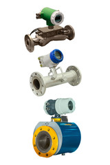 three modern industrial gas meter high precision digital isolated on white background