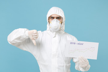 Man in protective suit respirator mask hold in hand infographic recovery death isolated on blue background studio. Epidemic pandemic rapidly spreading coronavirus 2019-ncov medicine flu virus concept.