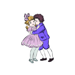 Boy hugs girl dressed in vintage style from the nineteenth century. Young lovers. Manifestation of feelings.