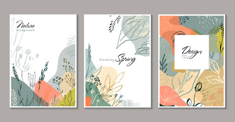 Vector collection of trendy creative cards with hand drawn floral elements, flowers and palnts and different textures.