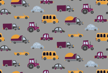 Vector cartoon transportation background for children. Seamless pattern with toy cars, bus