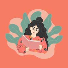 Girl reading a book while sitting on a sofa at home. quarantine time options. Read more books concept. Hand drawn Vector trendy illustration. Pastel colors.