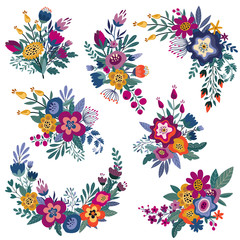 Collection of vector colorful natural floral compositions with flowers and leaves