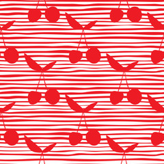 Cherry silhouette seamless pattern for fabric design. Red cherries wallpaper on stripes background.