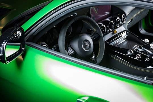 Sankt-Petersburg, Russia, January 12, 2018 : Green Mercedes-Benz coupe GT-R 63 AMG Affalterbach, luxury race car interior.