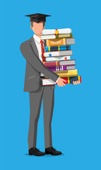 Student businessman and stack of books. Business man with trophy and diploma. Education and study. Business success, triumph, goal or achievement. Winning of competition. Flat vector illustration