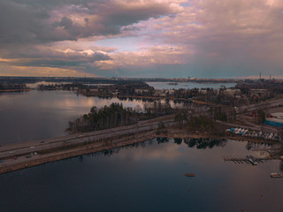The road between the islands. Helsinki Aerial top down drone shot. 2020 March