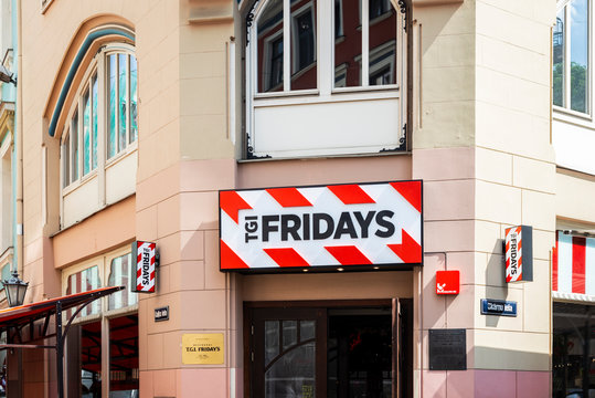 Riga, Latvia - May 14, 2018 :  TGI Fridays restaurant enter on streets of Riga city