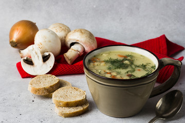Homemade mushroom soup in a bowl. Close up.