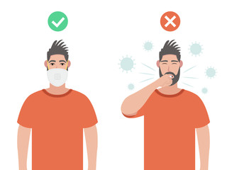 Two men. One with protective mask and one without. Concept about health, hygiene, hospitality, sickness, disease, protection, pollution and etc. Coronavirus prevention. Vector illustration.