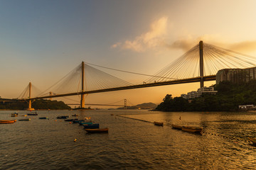 Ting Kau Bridge and Tsing Ma Bridge in Hong Kong under sunset