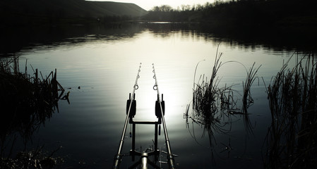 carp stand for fishing rods on the lake