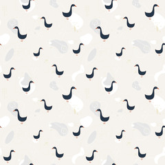 Seamless pattern. Nuvy blue or black cartoon geese on abstract pastel background with dots, lines and round shapes around.
