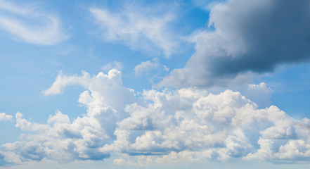 Blue sky clouds background. Beautiful landscape with clouds and orange sun on sky
