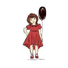 Birthday girl dressed in dress with polka-dots patter holding dark red balloon. Design for happy birthday greeting card. 