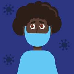 Coronavirus in America. Stay at home. Novel coronavirus 2019-nCoV. Black girl in blue medical face mask and blue clothes, sick bacteria and virus. Coronavirus quarantine.