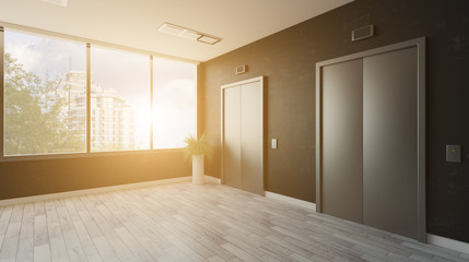 Obraz premium lobby with a large window. Reception in the business center. elevator doors. decorative dark walls.. 3D rendering. Sunset