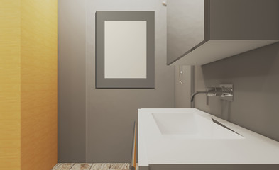 Fototapeta na wymiar Scandinavian bathroom, classic vintage interior design. 3D rendering. . Mockup. Empty paintings