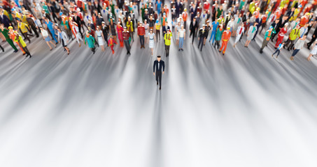 Businessman leader leading a large group of people. - obrazy, fototapety, plakaty