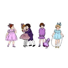 Children in various poses and activities. Young cavalier hugs lady. Girl jumping rope. Doll in pink dress. 