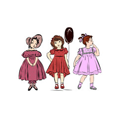 Three girls dressed in pink dresses standing together. Child holds dark red balloon. 
