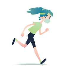 Masked girl runs. Vector illustration of young blue haired girl runner in medical mask joggs while coronavirus pandemic. Flat cartoon style. Covid-19 epidemic concept. Wear facial tissue, take care