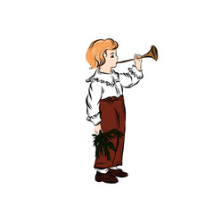 Boy play in trumpet music and holds spruce branch. Young musician. 