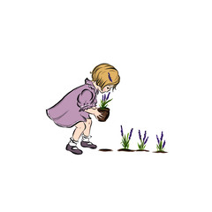 Girl plants lavender. Young gardener.