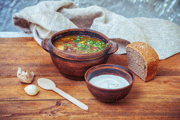 National Ukrainian dish – red borsch with beans and cut green onion, sour cream in a bowl, bread, parsley and garlic on wooden table. Beetroot soup.