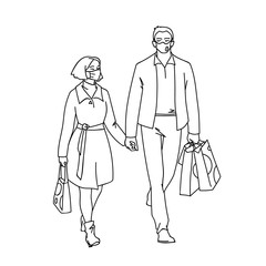 Tall man with medical mask and woman with facial tissue walking with him by the hand. Vector illustration of couple of masked people shopping while epidemic on white background. Pandemic concept.